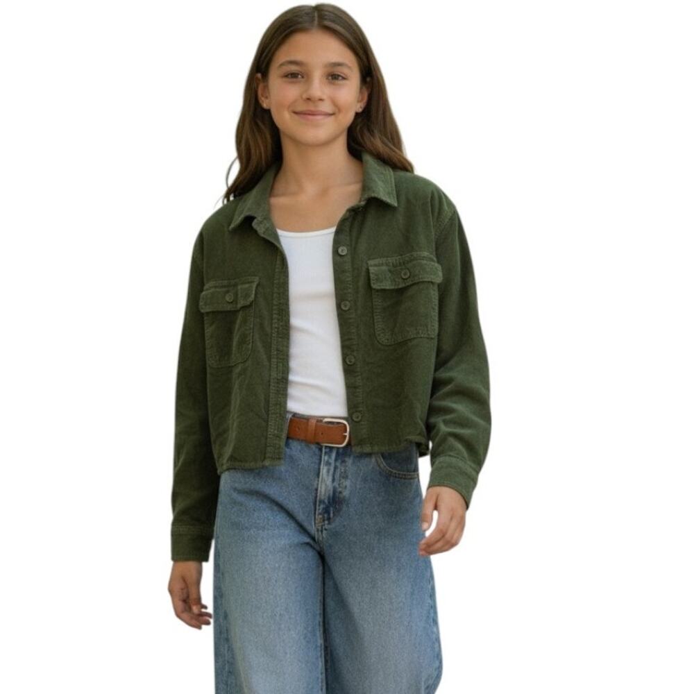 ❤️2/$12 Forever 21 Girls Cropped Green Corduroy Jacket, Size 9/10